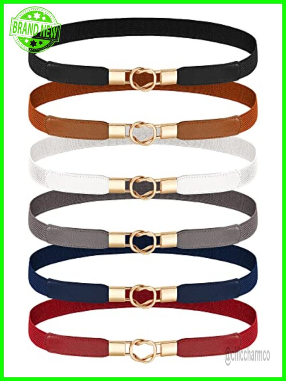 6 Pack Skinny Elastic Waist Belts Faux Leather Gold Buckle Stretch